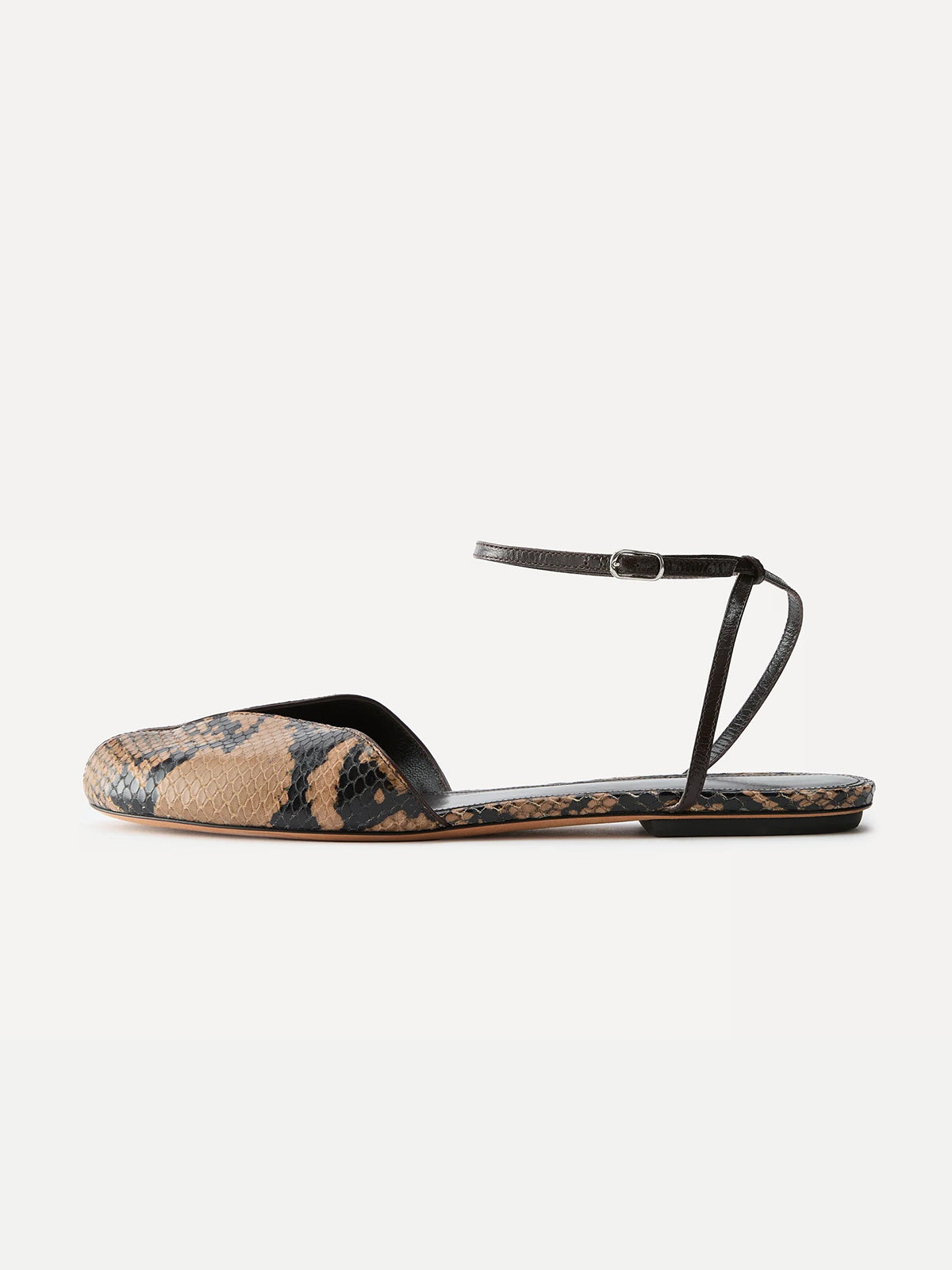 Snakeskin Pattern Peep Round-Toe Slip-On Back And Ankle Strap Flats