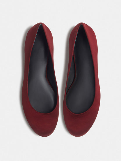 Burgundy Satin Round-Toe Slip-On Simple Ballet Flats