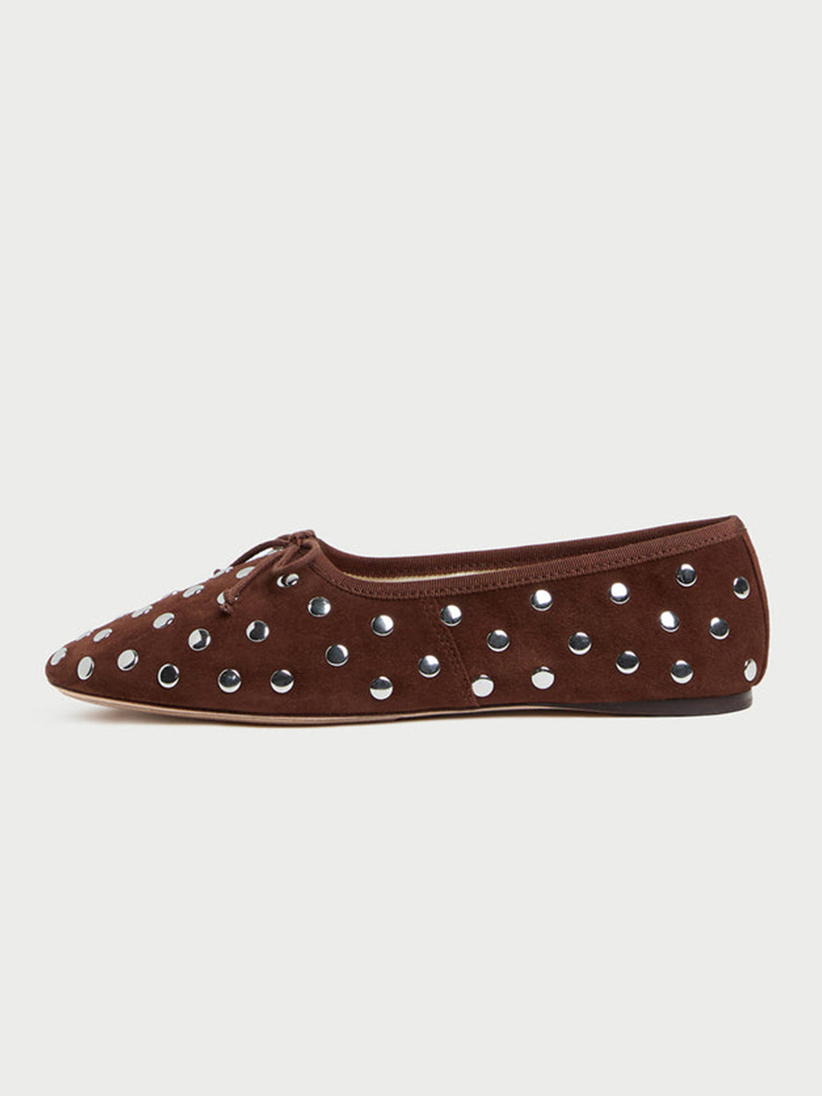 Coffee Faux Suede Round-Toe Chic Front Bow Slip-On Studs Ballet Flats