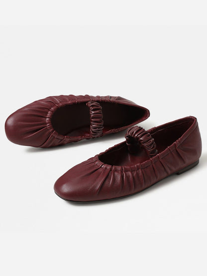 Burgundy Square-Toe Elastic Mary Jane Classic Ballet Flats
