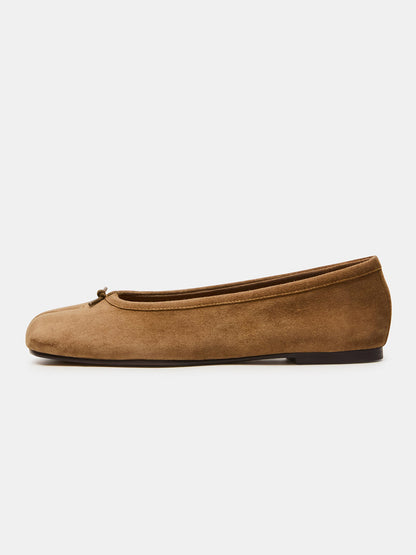 Brown Faux Suede Split-Toe Slip-On Ballet Flats