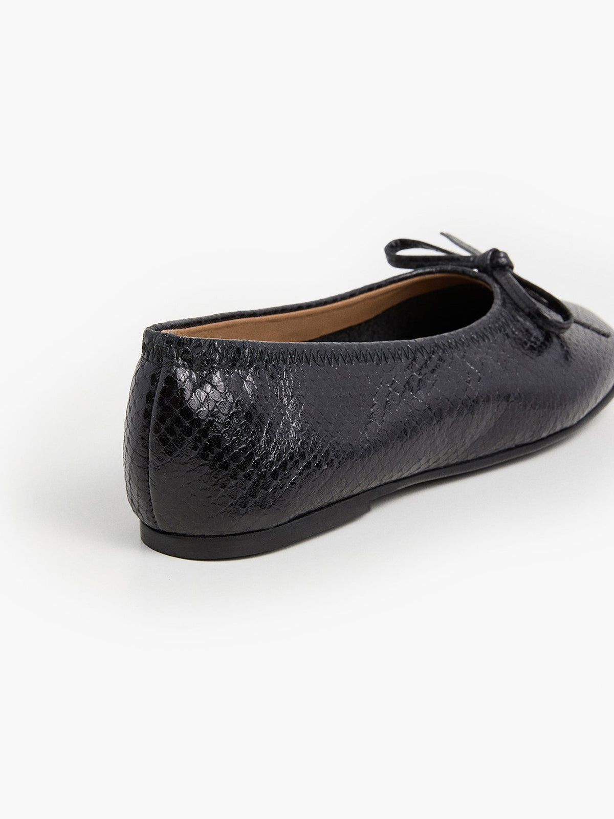 Black Snakeskin Pattern Classic Square-Toe Front Bow Simple Ballet Flats