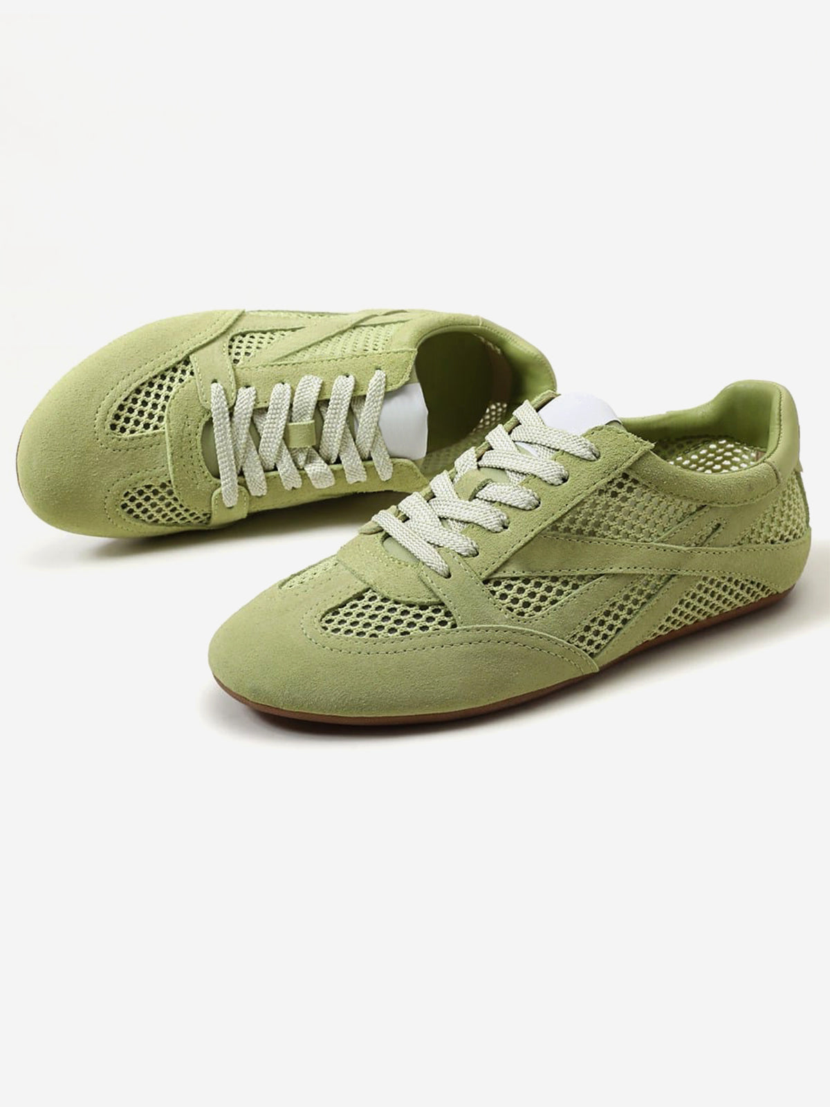 Green Cow Suede And Mesh Round-Toe Chic Lace-Up Flats Sneakers