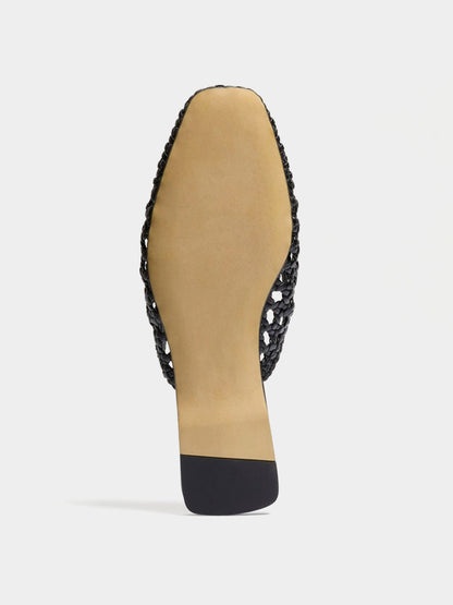 Woven Vegan Leather Square-Toe Cutout Backless Flats - Black