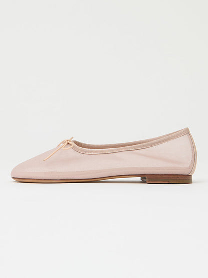 Beige Mesh Round-Toe Simple Chic Ballet Flats With Front Bow