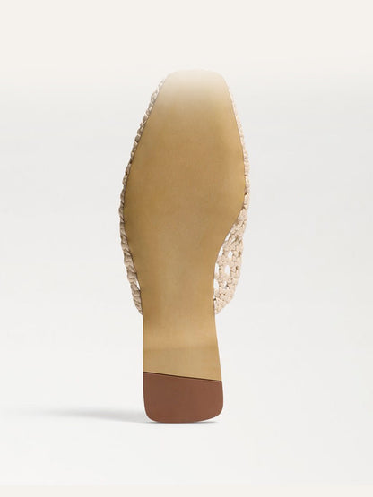 Woven Vegan Leather Square-Toe Cutout Backless Flats - Bone