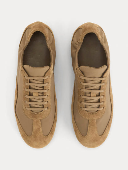 Tan Faux Suede And Cloth Round-Toe Lace-Up Ballet Sneakers