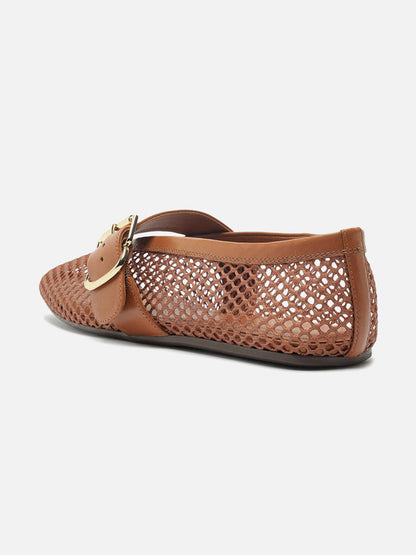 Brown Mesh Round-Toe Buckle Wide Strap Slip-On Ballet Flats