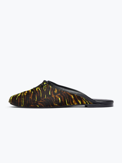 Vegan Leather Square-Toe Front Bow Slip-On Backless Flats - Tiger Pattern