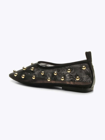 Black Mesh Square-Toe Full Gold Studs Slip-On Ballet Flats