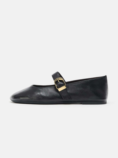 Black Round-Toe Buckle Middle Strap Slip-On Ballet Chic Flats