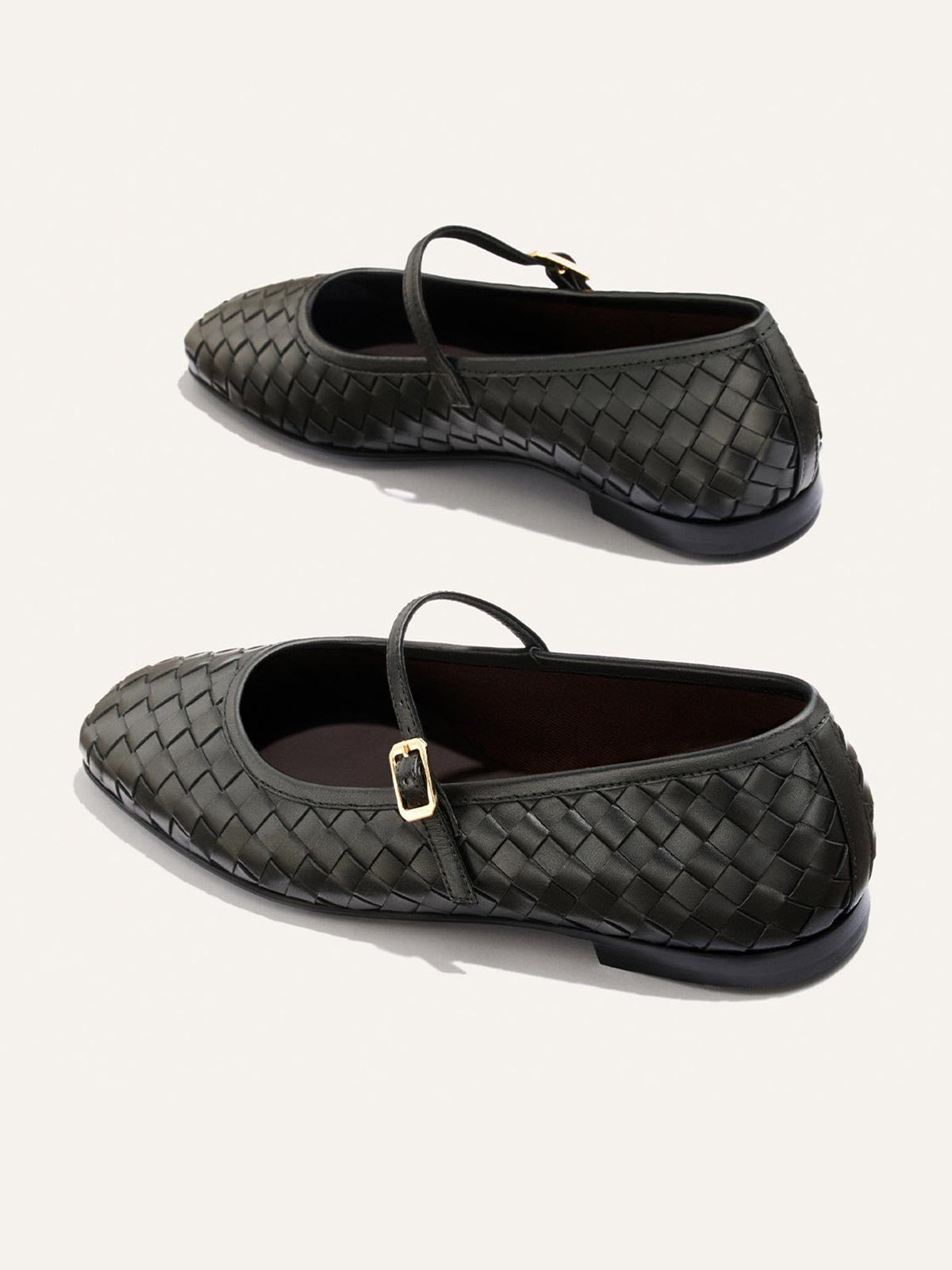 Black Woven Vegan Leather Square-Toe Mary Jane Chic Ballet Flats