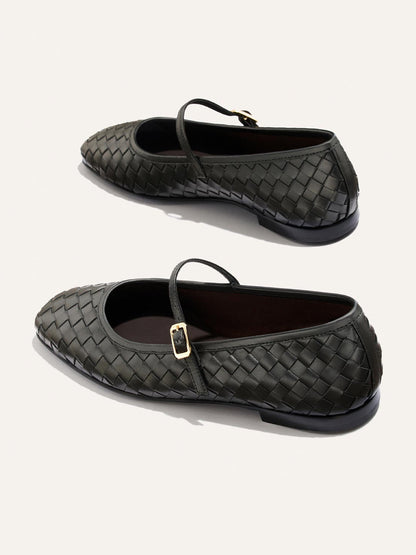 Black Woven Vegan Leather Square-Toe Mary Jane Chic Ballet Flats