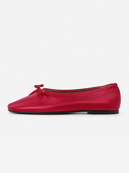 Red Classic Square-Toe Front Bow Simple Ballet Flats