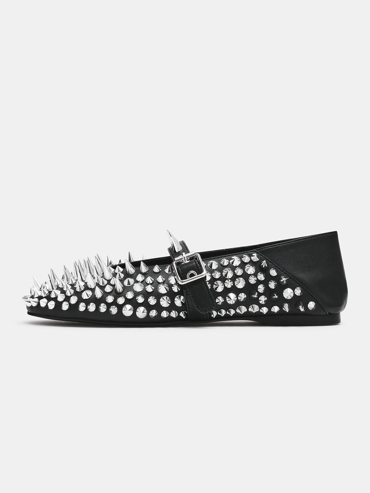 Black Round-Toe Full Rivet And Middle Strap Chic Ballet Flats