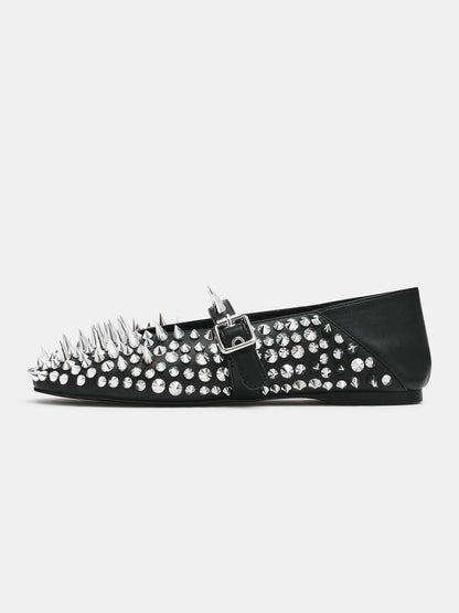 Black Round-Toe Full Rivet And Middle Strap Chic Ballet Flats