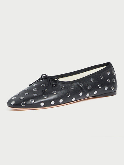 Black Round-Toe Chic Front Bow Slip-On Studs Ballet Flats