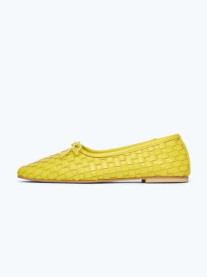 Woven Vegan Leather Square-Toe Front Bow Slip-On Ballet Flats - Yellow