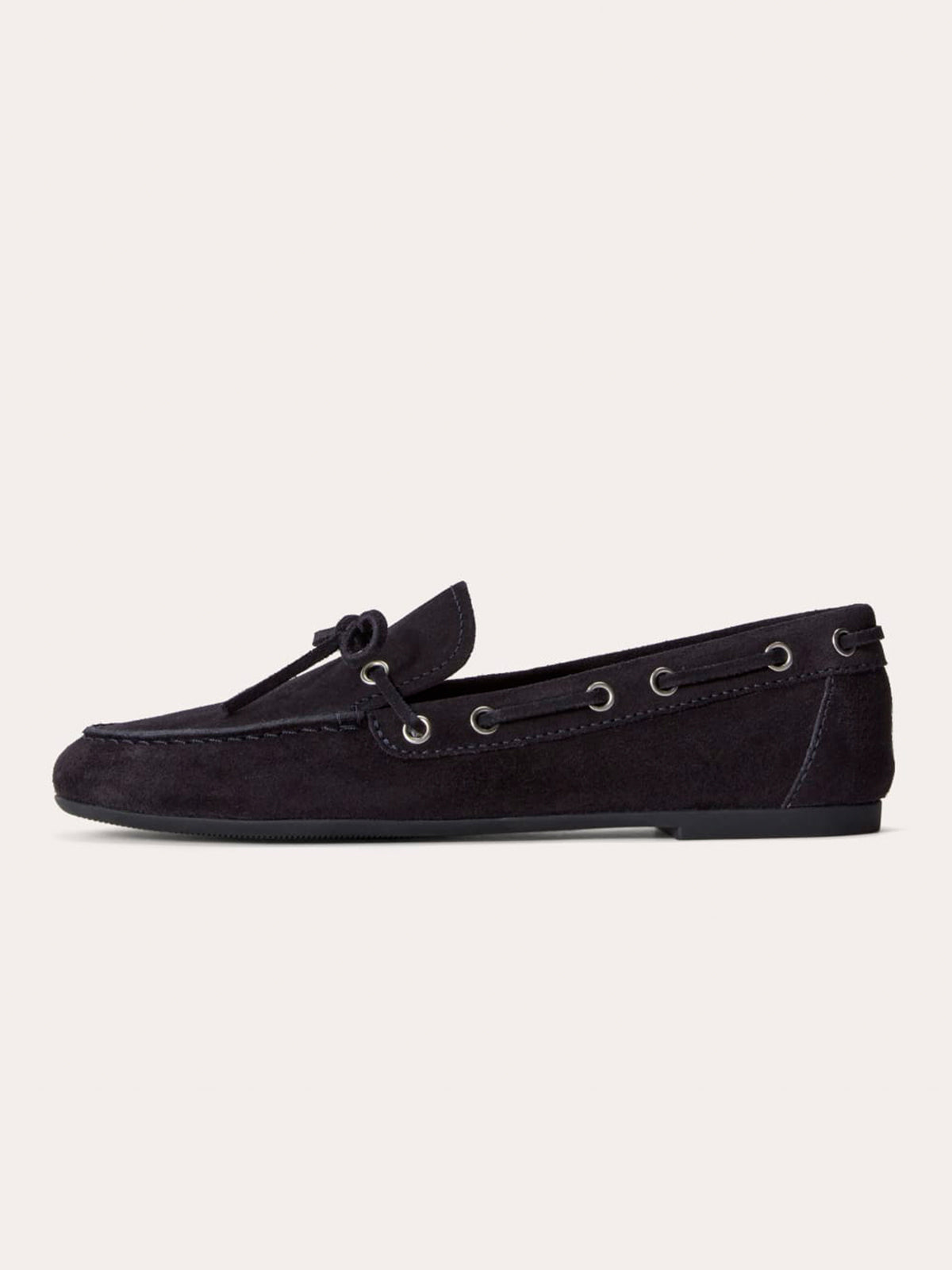 Dark Navy Faux Suede Round-Toe Front Bow And Lace Edge With Eyelets Flats