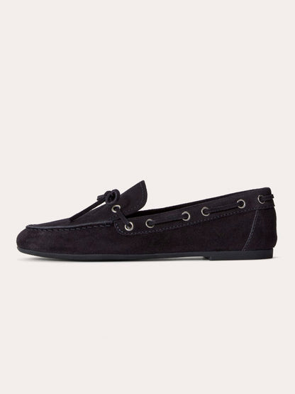 Dark Navy Faux Suede Round-Toe Front Bow And Lace Edge With Eyelets Flats