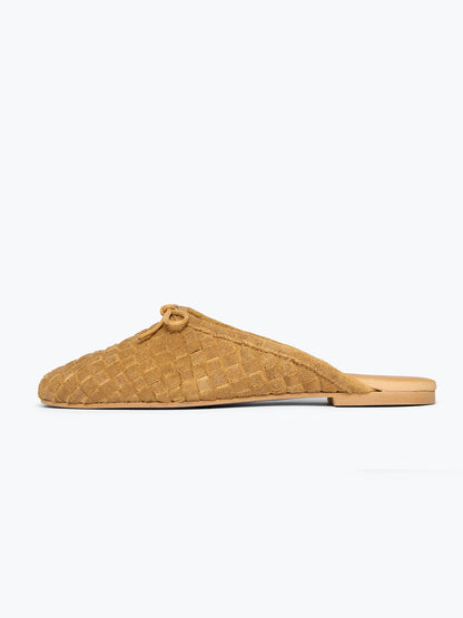 Woven Faux Suede Square-Toe Front Bow Slip-On Backless Flats - Tan