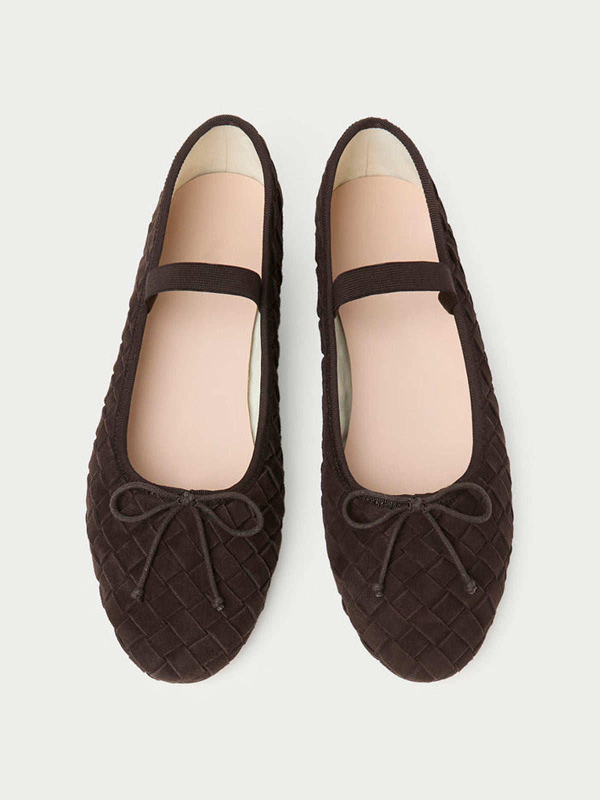 Brown Woven Faux Suede Round-Toe Front Bow And Middle Strap Ballet Flats