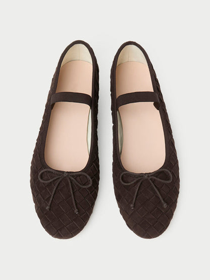 Brown Woven Faux Suede Round-Toe Front Bow And Middle Strap Ballet Flats