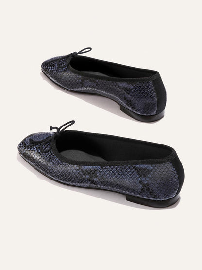 Front Bow Square-Toe Slip-On Chic Ballet Flats - Snakeskin Pattern