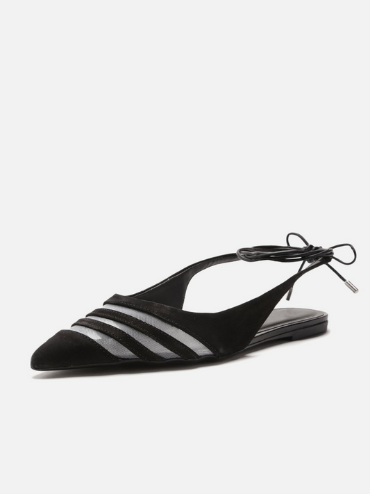 Black Faux Suede Pointy Flats Slingbacks Lace-Up Gladiators With Mesh Detail