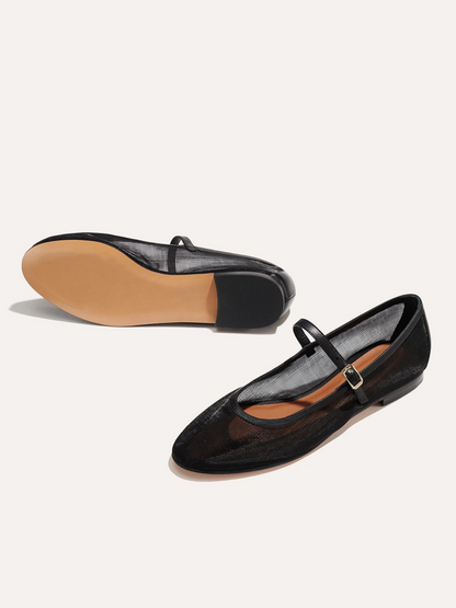 Black Mesh Round-Toe Ballet Flats Mary Janes With Buckled Strap