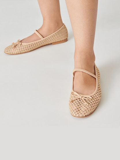 Nude Raffia Woven Bow Ballet Flats Round-Toe Boho Mary Janes