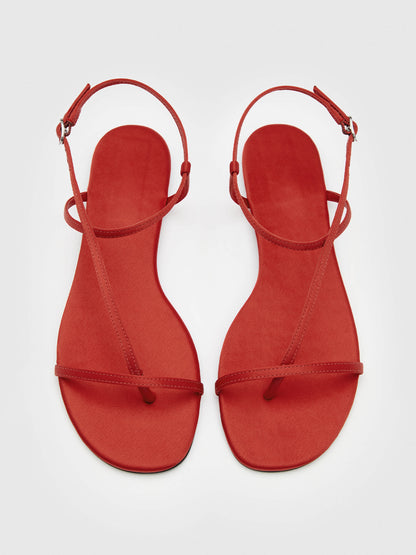Red Satin Square-Toe Back And Ankle Strap Flats Sandals