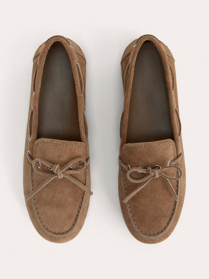 Brown Faux Suede Round-Toe Front Bow And Lace Edge With Eyelets Flats