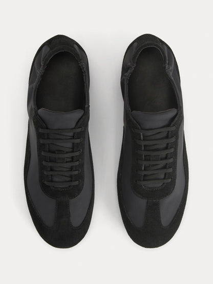 Black Faux Suede And Cloth Round-Toe Lace-Up Ballet Sneakers