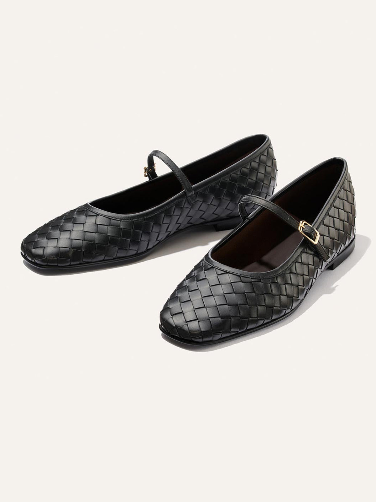 Black Woven Vegan Leather Square-Toe Mary Jane Chic Ballet Flats