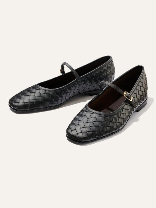 Black Woven Vegan Leather Square-Toe Mary Jane Chic Ballet Flats