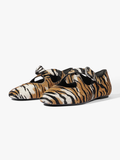 Tiger Pattern Square-Toe Chic Crossed Strap With Buckle Slip-On Flats