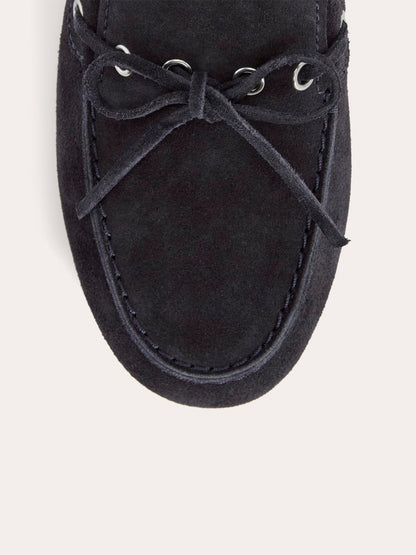 Dark Navy Faux Suede Round-Toe Front Bow And Lace Edge With Eyelets Flats