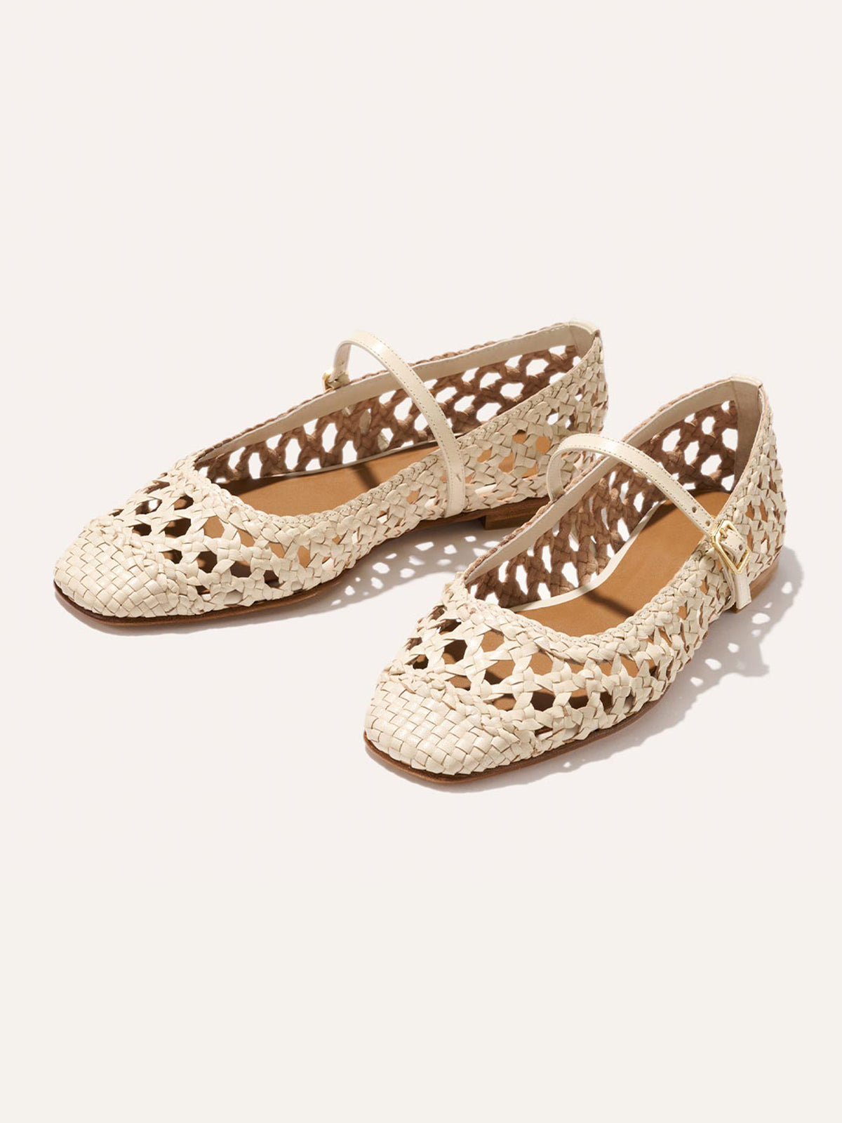 Cream Woven Vegan Leather Square-Toe Mary Jane Chic Ballet Flats