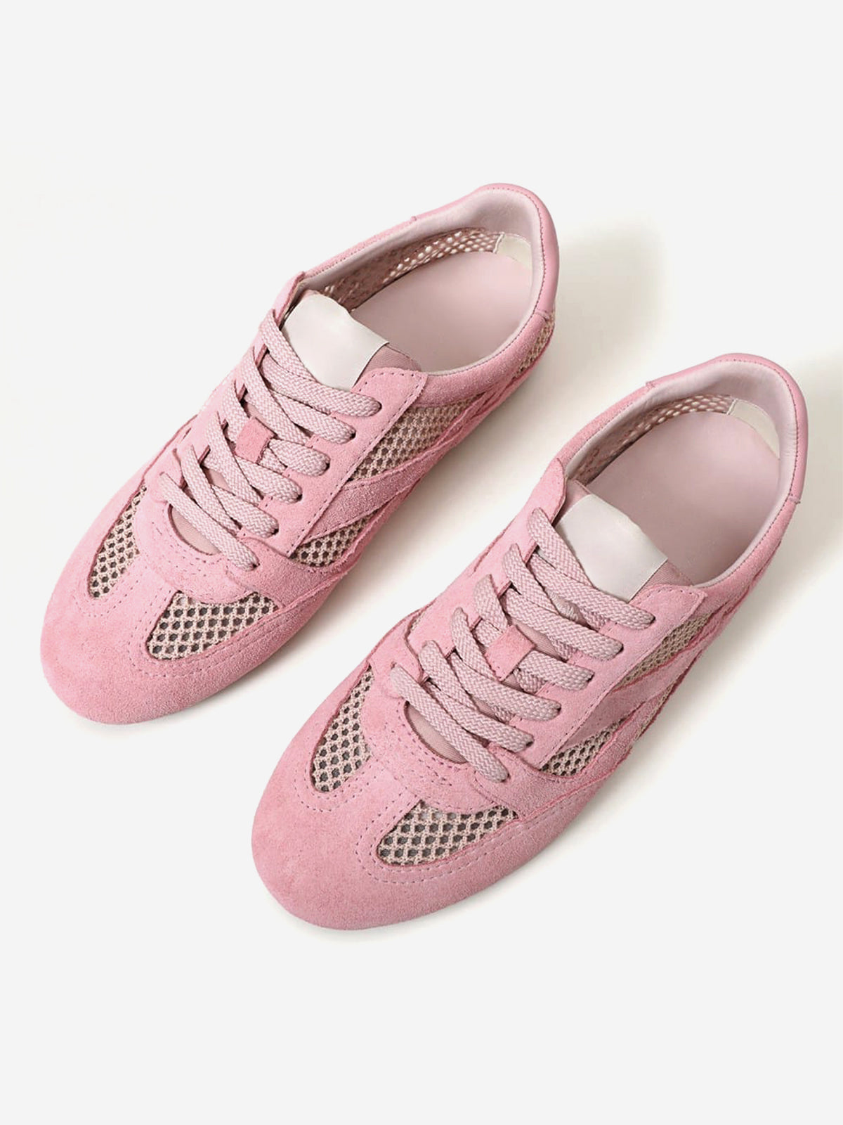 Pink Cow Suede And Mesh Round-Toe Chic Lace-Up Flats Sneakers