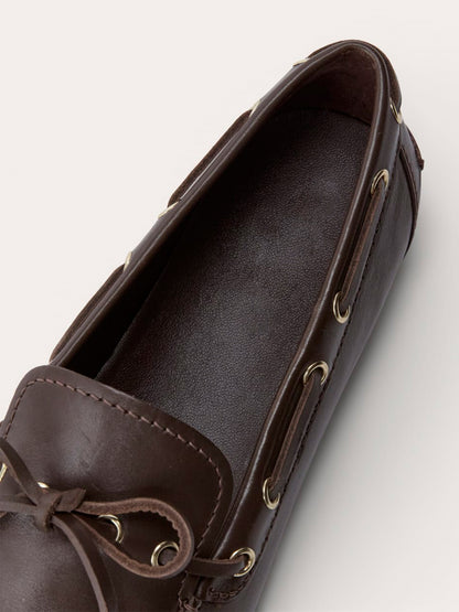 Dark Brown Round-Toe Front Bow And Lace Edge With Eyelets Flats