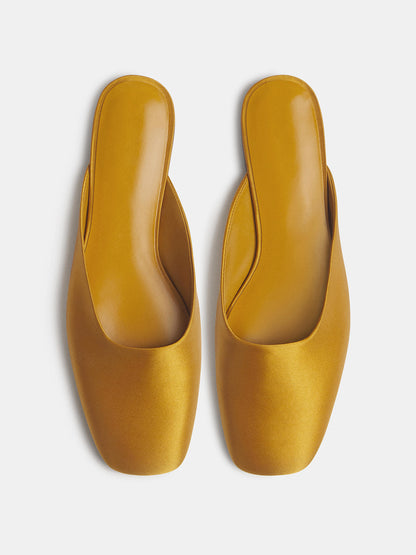 Honey Satin Square-Toe Backless Slip-On Flat Mules