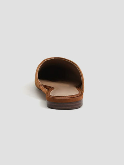 Brown Faux Suede Almond-Toe Backless Simple Slip-On Flats