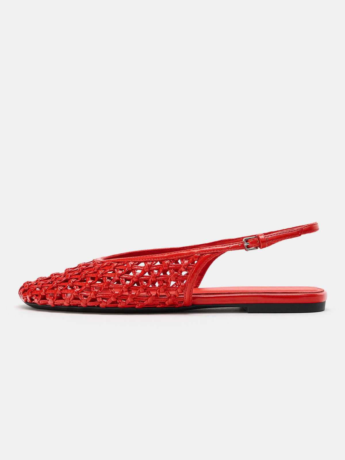 Red Woven Vegan Leather Round-Toe Chic Slingback Flats
