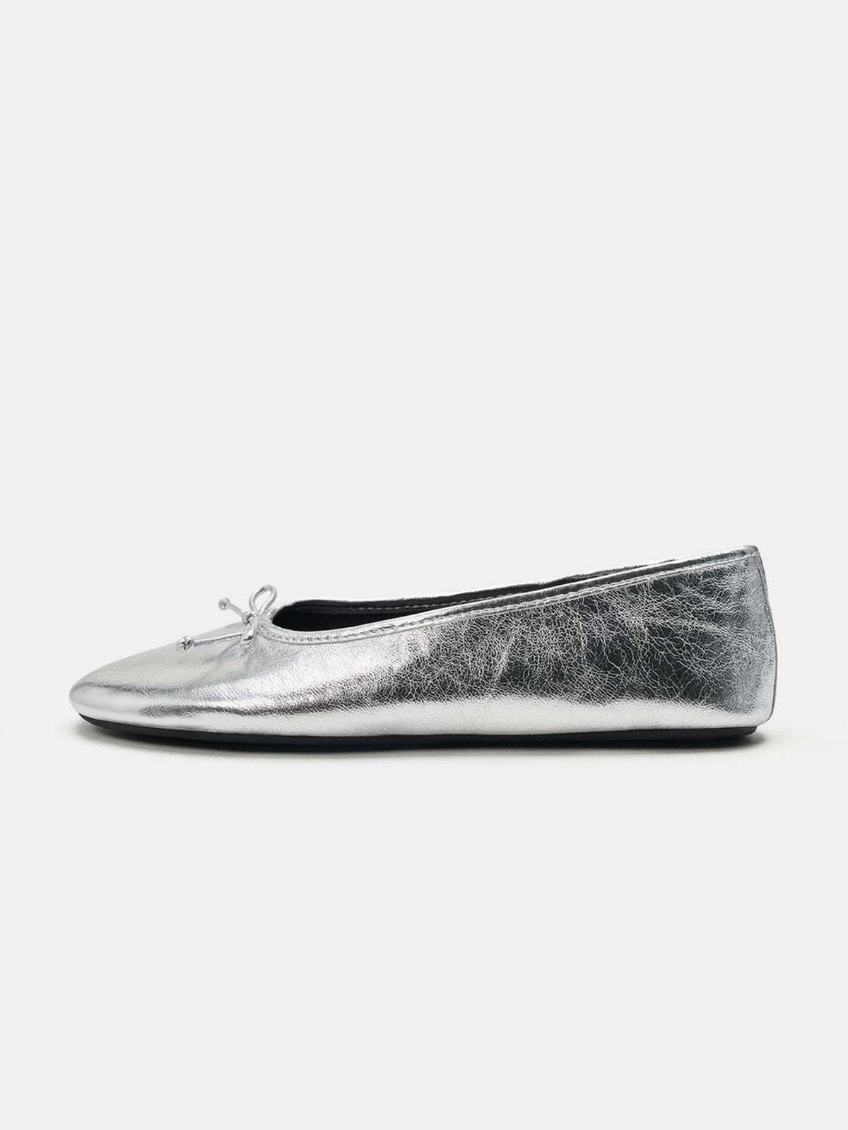 Metallic Silver Square-Toe Chic Front Bow Slip-On Classic Ballet Flats