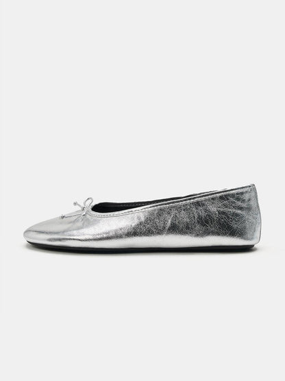 Metallic Silver Square-Toe Chic Front Bow Slip-On Classic Ballet Flats