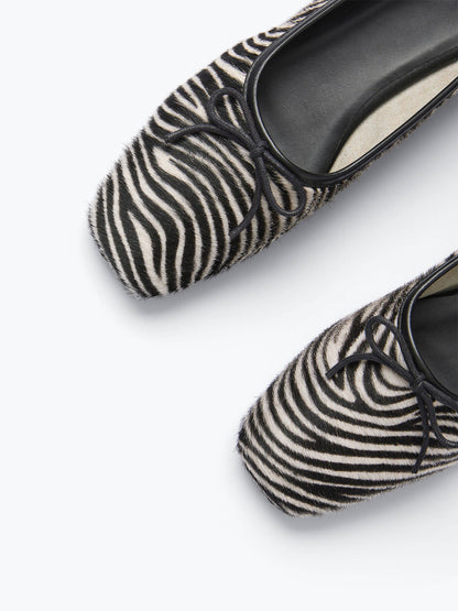 Vegan Leather Square-Toe Front Bow Slip-On Ballet Flats - Zebra Pattern