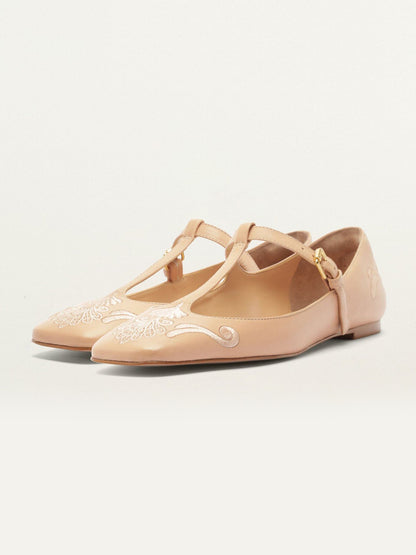 Beige Square-Toe Middle Strap Chic Embroidery Ballet Flats