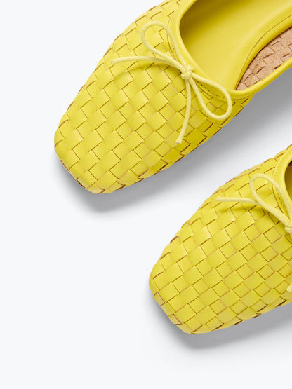 Woven Vegan Leather Square-Toe Front Bow Slip-On Ballet Flats - Yellow