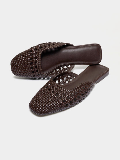Woven Vegan Leather Square-Toe Cutout Backless Flats - Chocolate